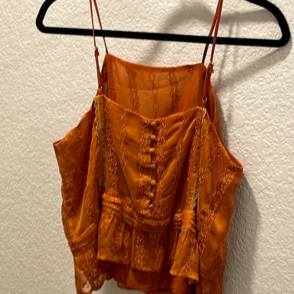 J.O.A. Burnt orange womens S tank top BoHo embroidered lace ruffle buttons tucks - Picture 1 of 5